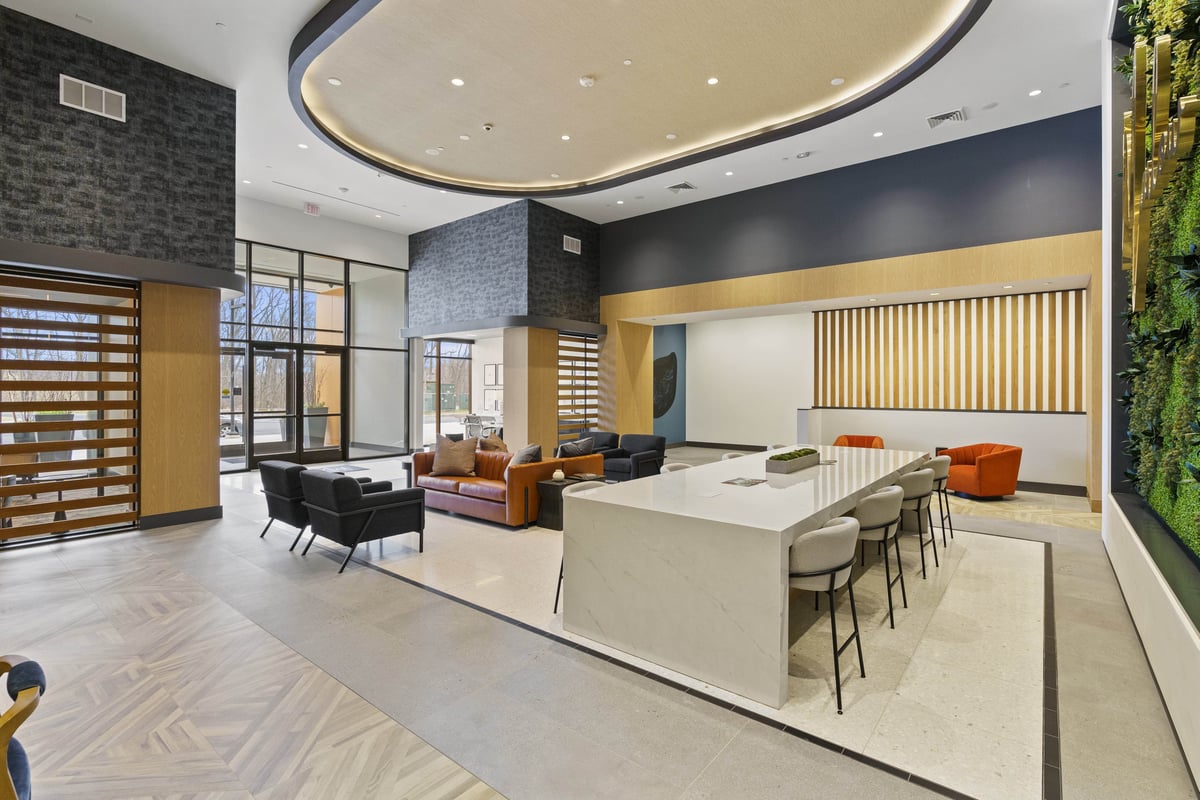 Modern lobby with open workspace. 