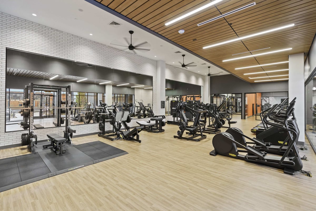 Exercise machines in large fitness center. 
