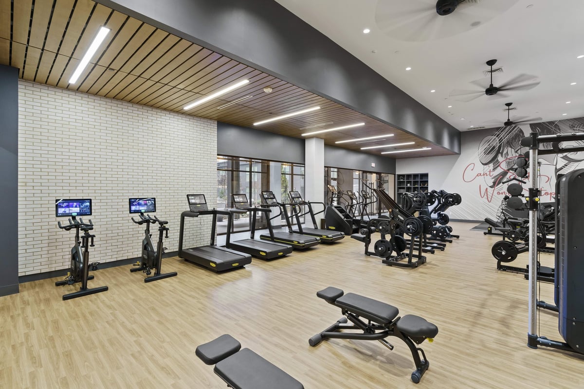 Pelotons and treadmills in modern fitness center.