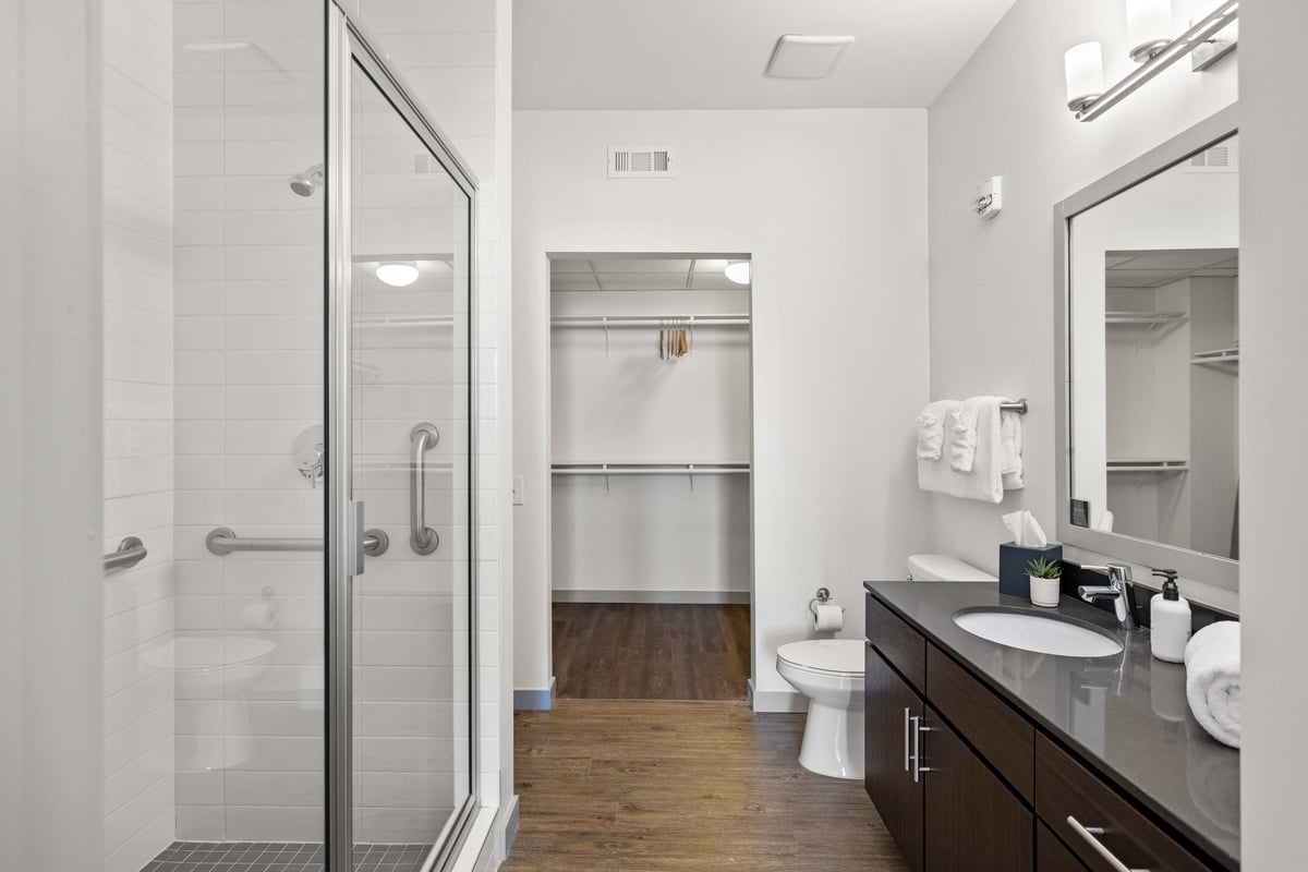 Large, modern bathrooms and walk-in closets.