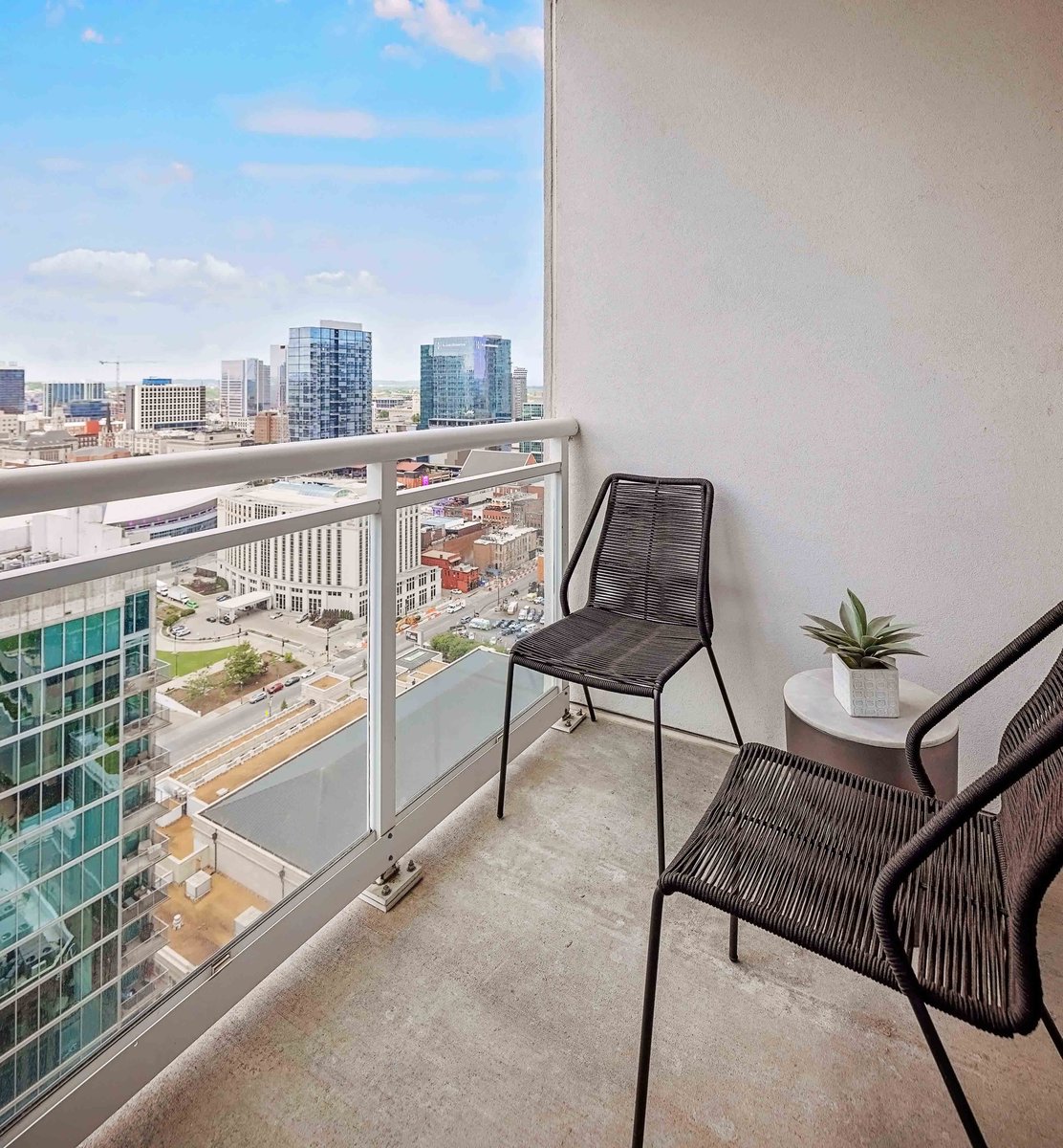 Balcony with views of downtown and Broadway.